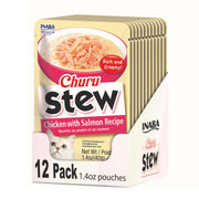 INABA emballage avant du lot de 12 sachets montrant le design et le goût poulet saumon, pratique
