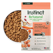 Instinct paquet avant montrant recette Saumon et Riz Brun et bénéfice nutritionnel