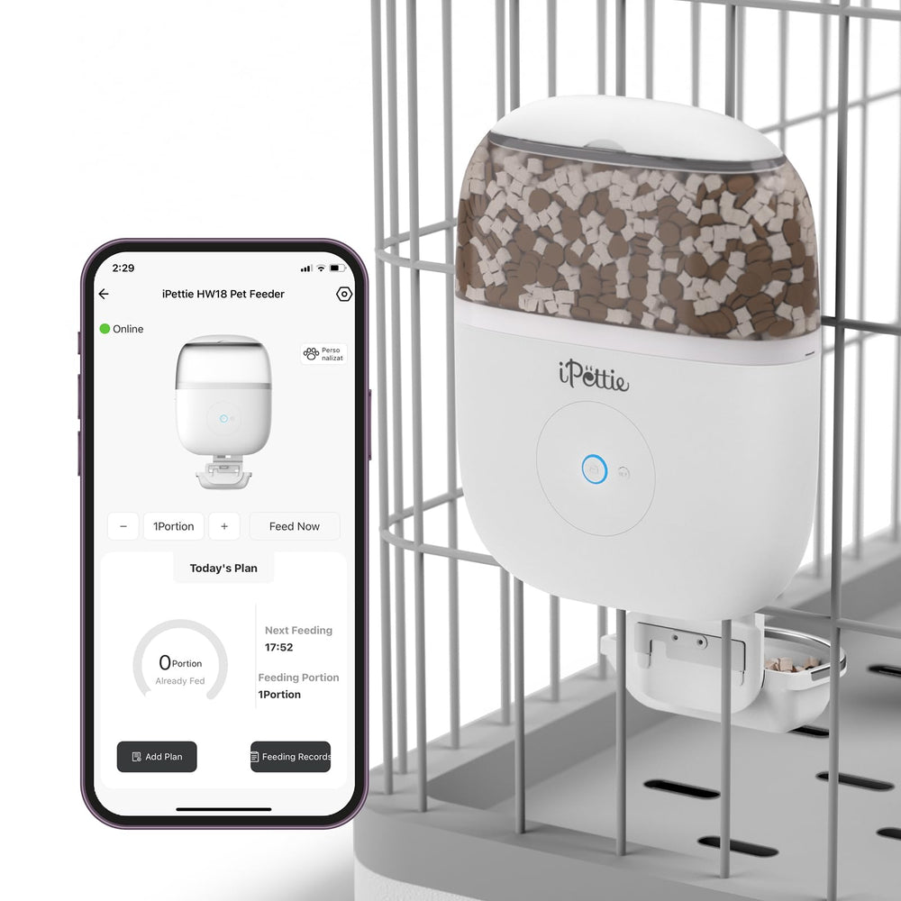 iPettie vue avant du distributeur suspendu montrant design compact et gain de place