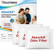 iTouchless emballage avant du pack AbsorbX montrant trois filtres et bénéfice anti-odeurs