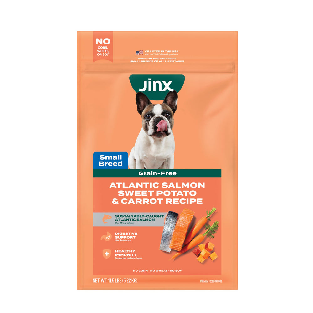 Jinx sac avant montrant l'emballage et la promesse nutritionnelle pour petits chiens
