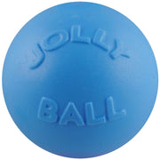 Jolly Pets vue avant de la balle Bounce-n-Play bleu avec emballage, jouet durable
