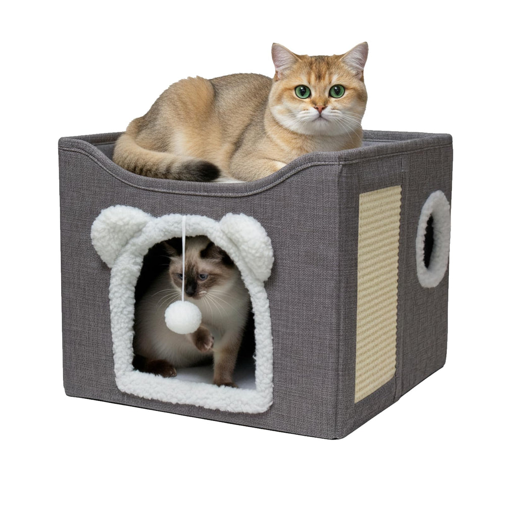 JUDERWOO vue de face du cube pour chats montrant l'entrée et le plateau supérieur, confort immédiat