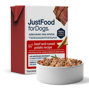 JustFoodForDogs emballage avant montrant l’étiquette claire et la praticité