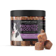 JustFoodForDogs boîte probiotique en vue frontale montre format pratique
