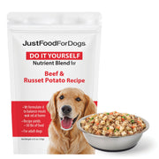 JustFoodForDogs emballage avant montrant le produit et bénéfice préparation guidée