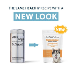 JustFoodForDogs gros plan de la poudre montrant texture et mélange complet