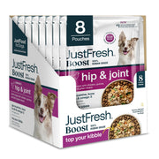 JustFoodForDogs emballage avant montrant le topper et bénéfice mobilité