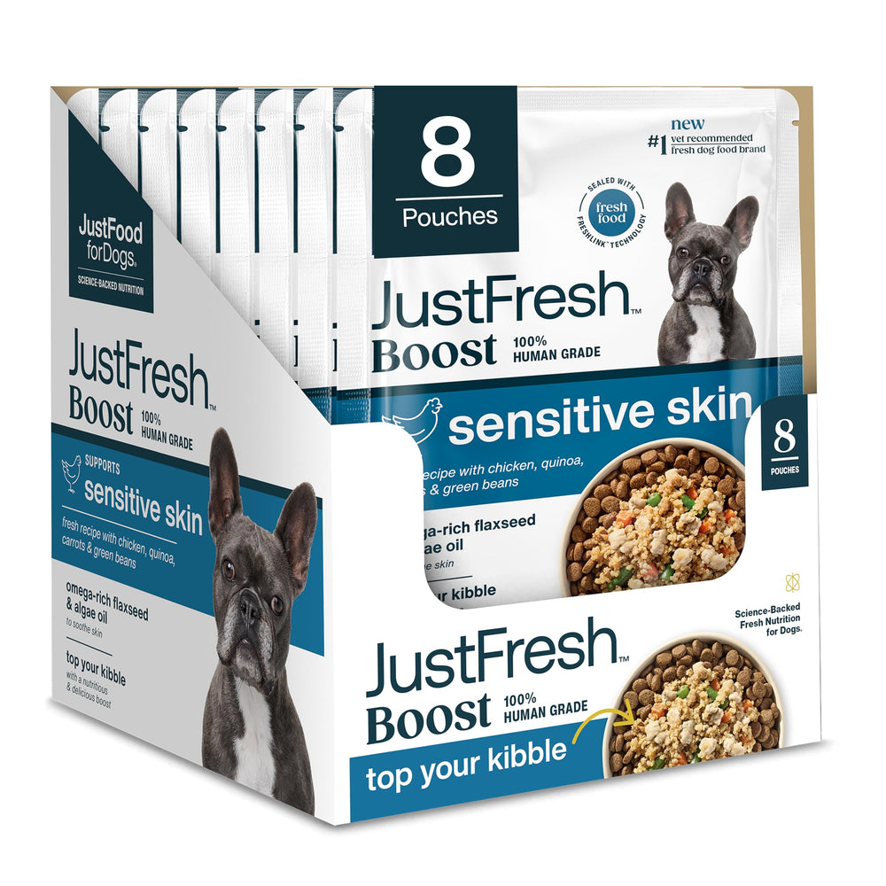 JustFoodForDogs emballage avant du topper Sensitive Skin montrant l'étiquette claire et avantage santé