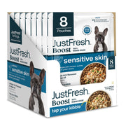 JustFoodForDogs emballage avant du topper Sensitive Skin montrant l'étiquette claire et avantage santé