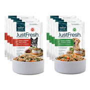 JustFoodForDogs packaging avant montrant l’emballage JustFresh et un repas frais appétissant
