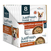 JustFoodForDogs packaging avant montrant le topper et son format pratique