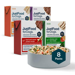 JustFoodForDogs pack variété face montrant emballage pratique et longue conservation