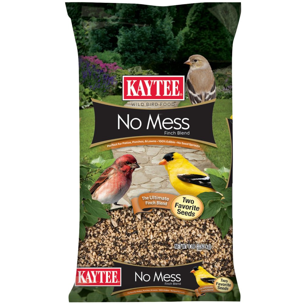 Kaytee emballage avant 8 lb montrant mélange no mess, solution pratique pour attirer les finches