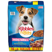 Kibbles 'n Bits sac devant montrant le format 16 lb et la saveur bœuf-poulet