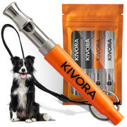 KIVORA pack de quatre sifflets en acier 304 montrant les différentes couleurs et lanières réfléchissantes