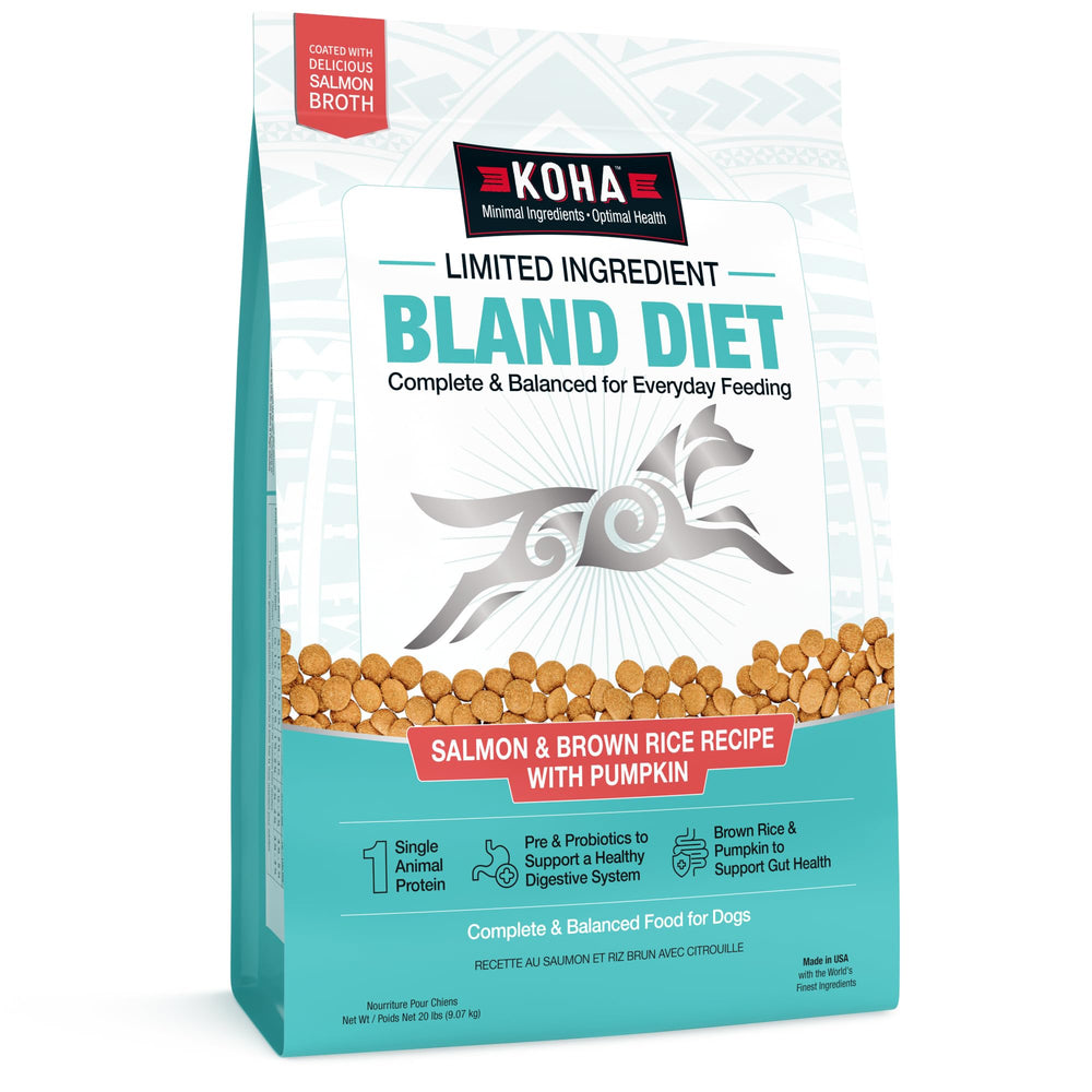 KOHA paquet avant montrant la recette saumon et riz brun pour digestion douce
