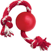 KONG balle avec corde vue avant montrant la couleur rouge et facilité de lancer