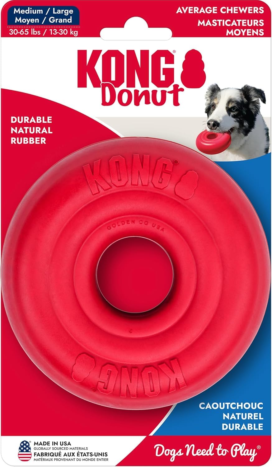 KONG emballage du Donut montrant l'étiquette et la matière caoutchouc durable