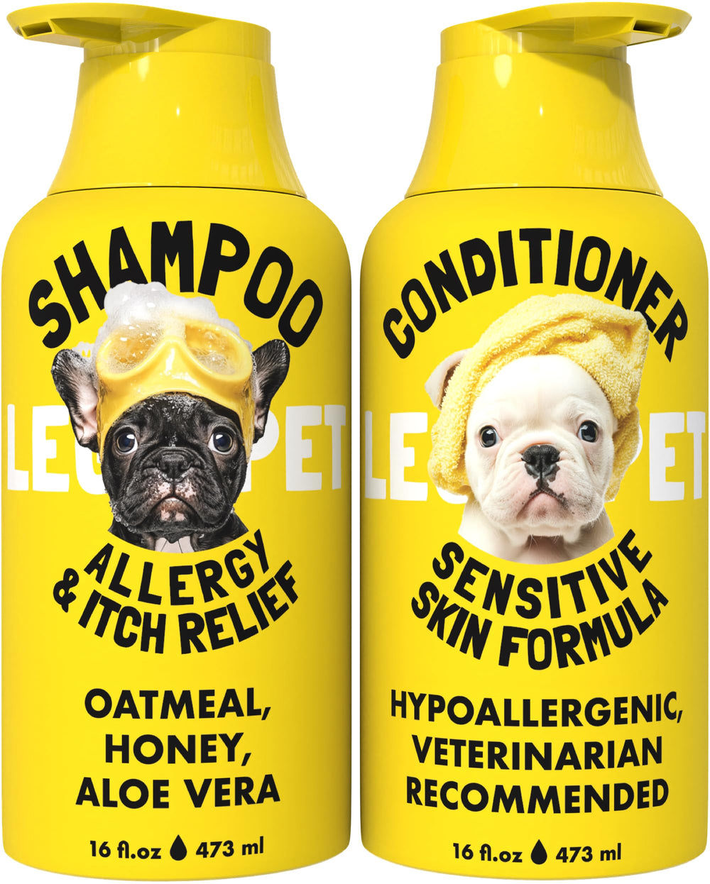 LEGITPET duo de flacons montrant le shampoing et l'après‑shampoing apaisants