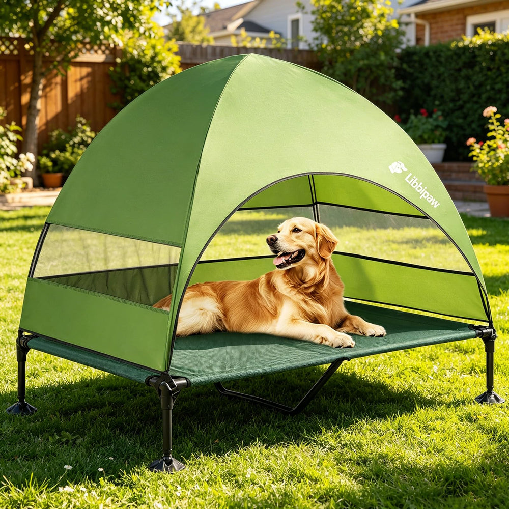 Libbipaw lit extérieur avant montrant auvent et surface ventilée pour confort