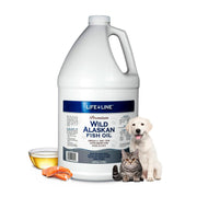 Life Line Pet Nutrition bidon 128oz montrant l'étiquette et l'avantage oméga‑3