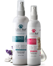 Lillian Ruff emballage avant montrant kit shampooing sec et leave-in, propreté rapide