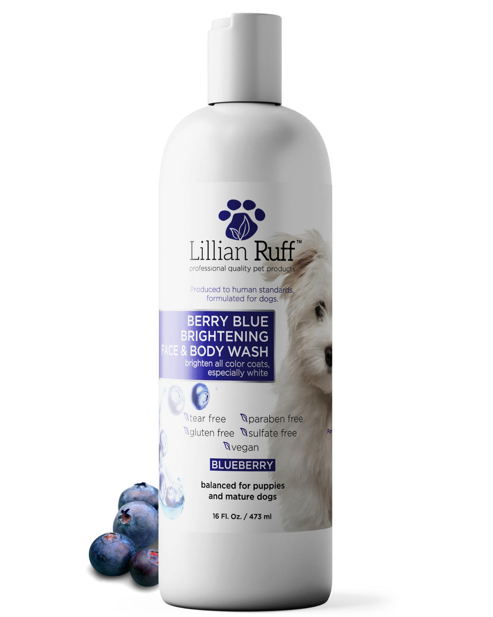 Lillian Ruff flacon avant-packaging montrant 16oz et bénéfice éclaircissant