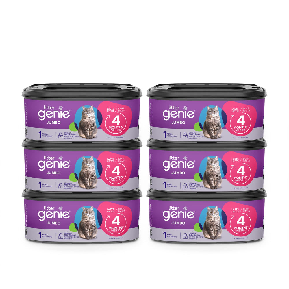 Litter Genie emballage avant montrant le pack de six recharges et bénéfice stockage