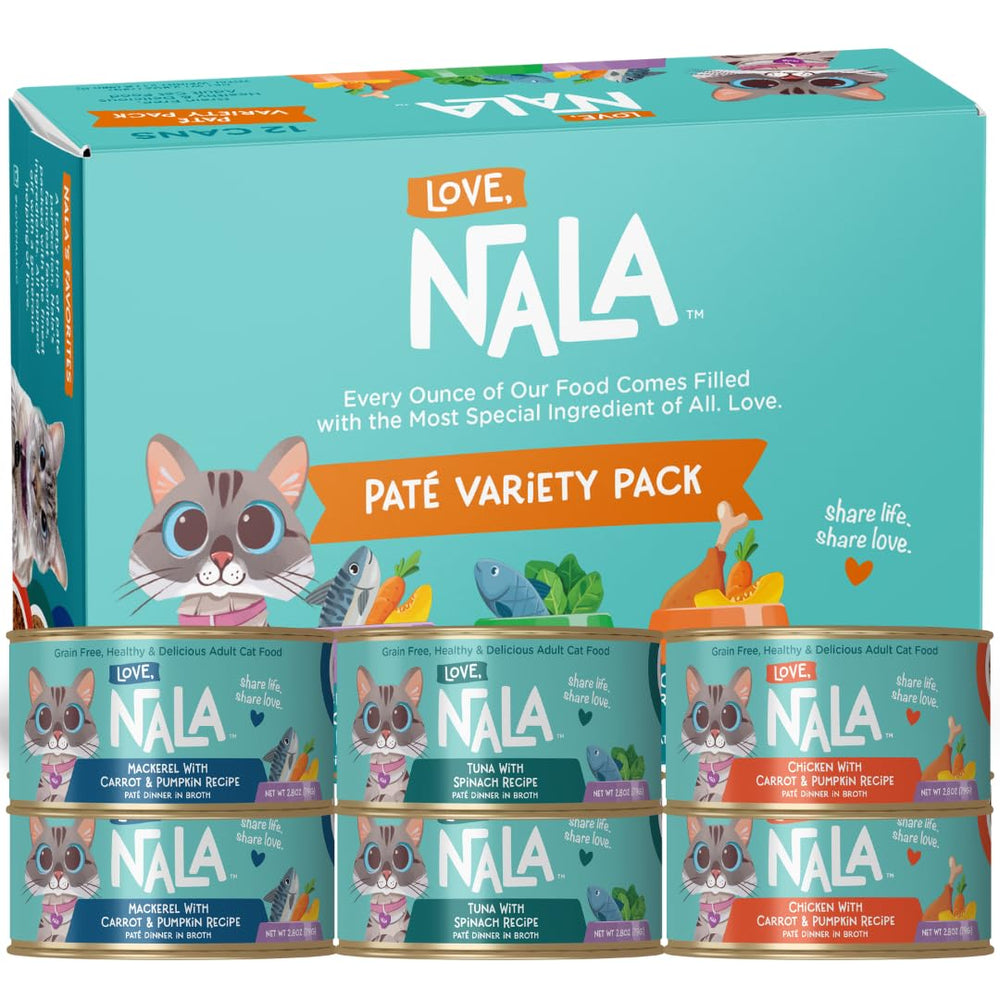LOVE, NALA packaging du pack 12 boîtes montrant variété et convenance