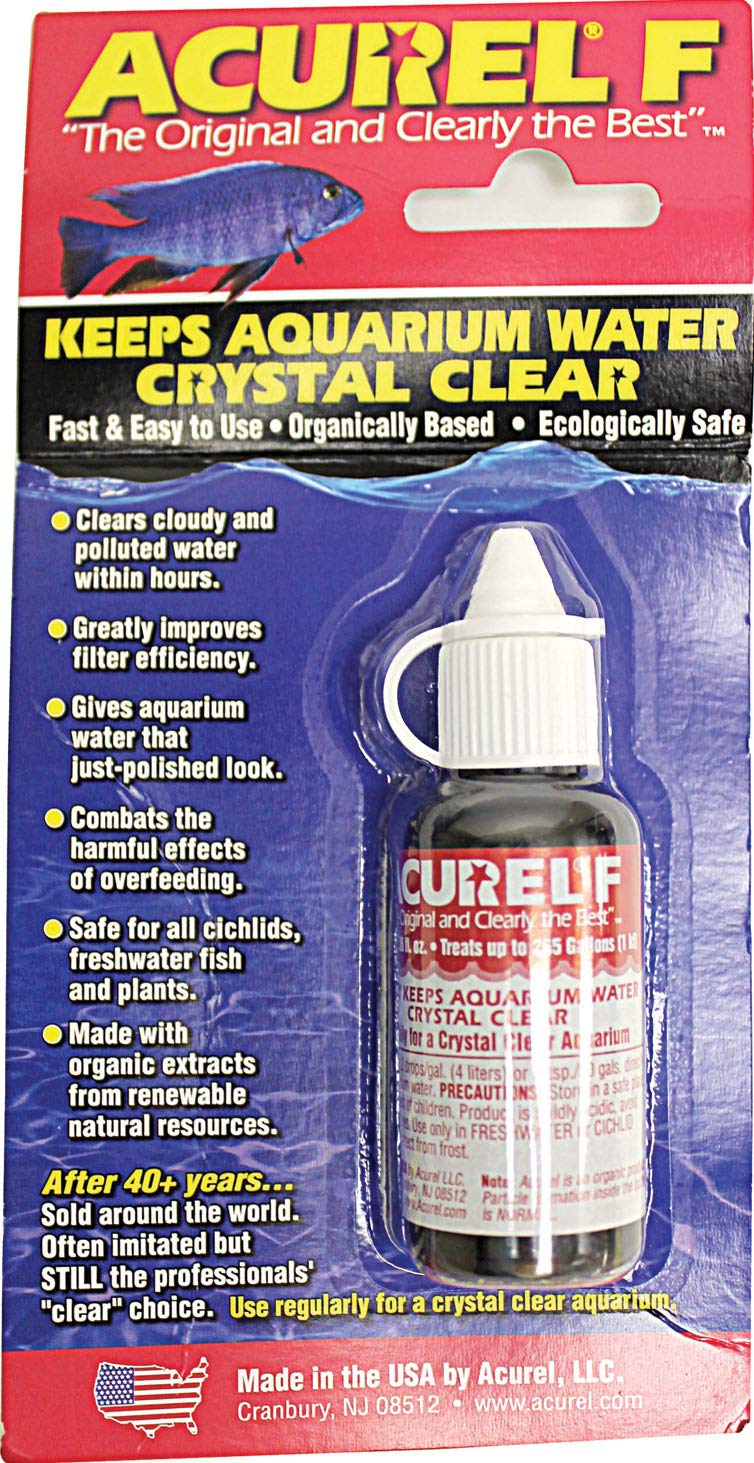 Loving Pets Acurel F bouteille montrant l'étiquette et l'usage pour eau claire