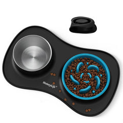 MateeyLife ensemble devant montrant gamelle lente bol inox et tapis, organisation propre