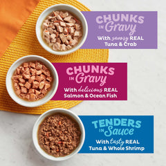 Meow Mix morceaux saumon en gravy détail montrant la sauce onctueuse