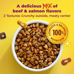 Meow Mix assortiment croquettes bœuf et saumon montrant la variété gustative