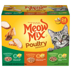 Meow Mix emballage avant montrant le pack 24 et la variété de recettes