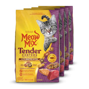 Meow Mix emballage devant montrant saveurs poulet et thon et attrait visuel