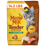 Meow Mix emballage face montrant le sac 14,2 lb et l’attractivité