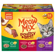 Meow Mix emballage frontal montrant 24 coupelles pour un stockage facile