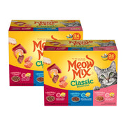 Meow Mix pack 48 coupelles montrant l'emballage pratique et gain de temps