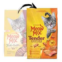 Meow Mix gros plan sur la texture des croquettes mettant en valeur l'appétence