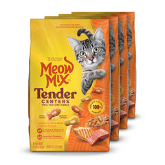 Meow Mix image du packaging avant montrant le lot de quatre sacs et l'attractivité