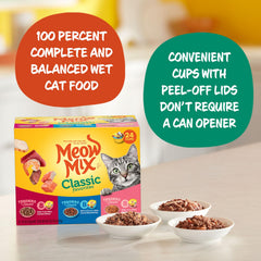 Meow Mix coupelle thon et crevettes ouverte illustrant protéines réelles