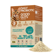 Meowbiotics emballage face montrant la poudre et bénéfice maintien digestif