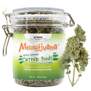 Meowijuana bocal face montrant 21 g de bourgeons pour stimulation naturelle
