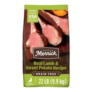 Merrick emballage face montrant recette agneau et patate douce, qualité visible