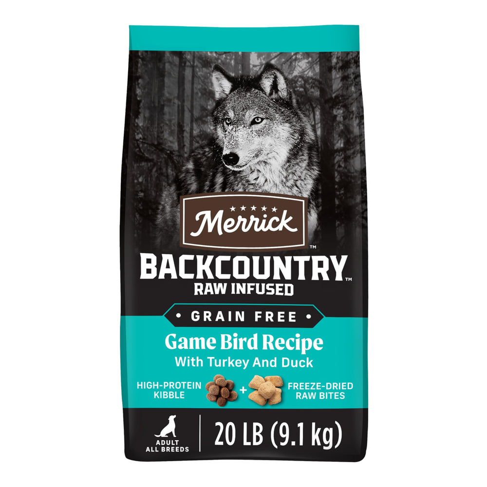 Merrick sac avant montrant recette Game Bird et bénéfice protéique