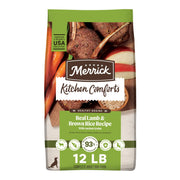 Merrick emballage devant 12 lb montrant recette agneau et riz bénéfice appétence