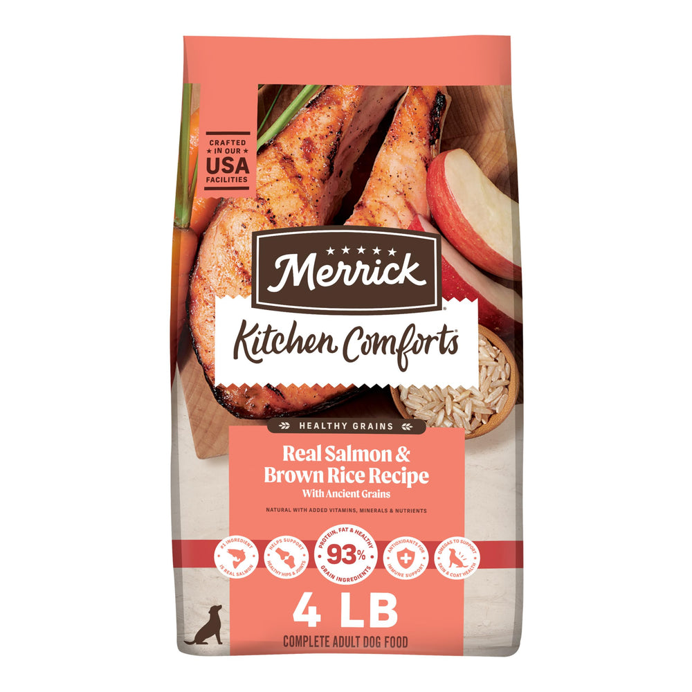 Merrick emballage face montrant saumon et riz, confiance produit