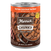 Merrick face de la boîte Big Texas Steak Tips montrant l’étiquette claire