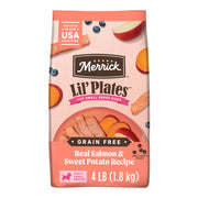 Merrick emballage avant montrant recette saumon et patate douce, qualité visible